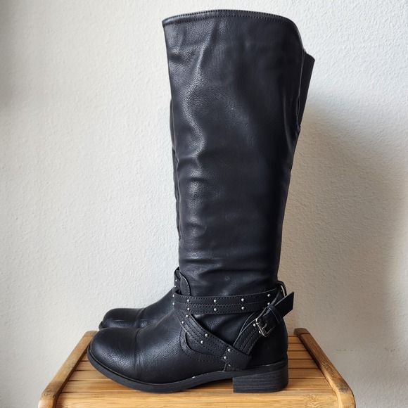 XOXO Womens Myles‎ Tall Biker Riding Boots Knee High Black Size 8M Block Heel - Picture 2 of 14